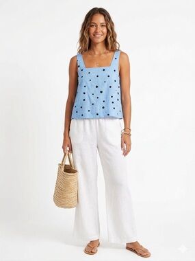 Stateside Blue Polka Dot Linen Blend Tank Top Medium Cropped Summer
